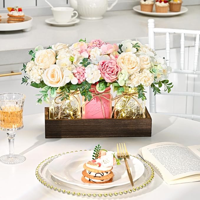 BLEUM CADE Centerpiece Table Decorations - Mason Jar Lights Centerpiece for Kitchen Dining Table Farmhouse Coffee Table Wedding Home Decor with 3 Jars Roses Artificial Flowers & Wood Tray