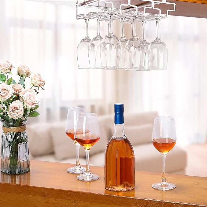 Wine Glass Rack Under Cabinet Drilling Free No Screw Steamware Holder Under Shelf Metal Wine Glasses Holders 304 Stainless Steel Hanger Storage Organizer Hanging Glass Fit for Bar Kitchen 2 Rows White