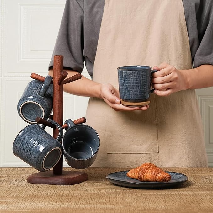 famiware Moonlight Coffee Mug Set of 4, 14oz Mug Set with Linen Finish, Coffee Cup Set with Handle for Latte, Cappuccino, Tea, Hot Cocoa, Microwave and Dishwasher Safe, Dark Blue