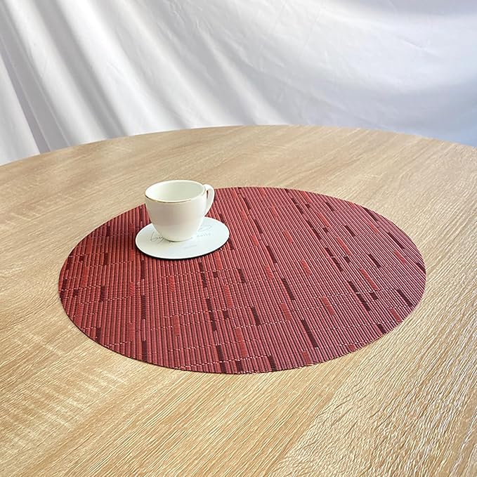 Round Placemats Set of 6 Woven Table Mats Washable Non-Slip Place Mats 13.8 Inch for Christmas Decoration Home Wedding Party,Burgundy