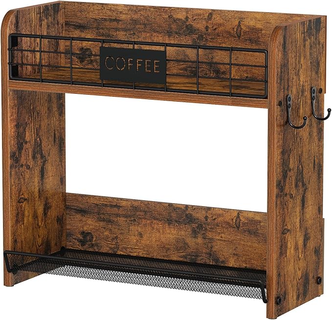 YINMIT K Cup Pod Holder, K Cup Organizer with 2 Mug Hooks, 2 Tier Keurig Coffee Pod Holder, Wood Coffee Bar Station Organizer for Countertop, Home, Office, Kitchen, Retro