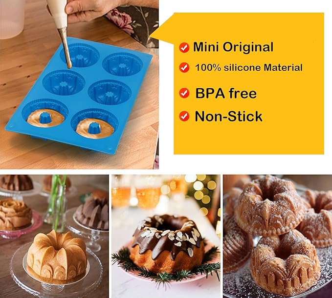 Sidosir Mini Blossom Fluted Tube Cake Pan, 6 Cavity Heritage Fluted Tube Cake Silicone Blossom Mold for Family Baking,Non Stick Fancy Design Molds for Fluted Tube Cake, Mousse Cups, Jelly
