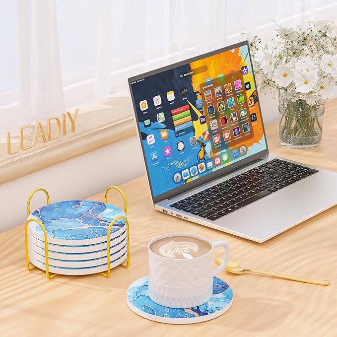 6Pcs/Set Marble Abstract Ceramic Coasters with Holder, Absorbent Drink Coasters, Coffee Cup Coaster,Round Ceramic Table Coasters Set Decorative