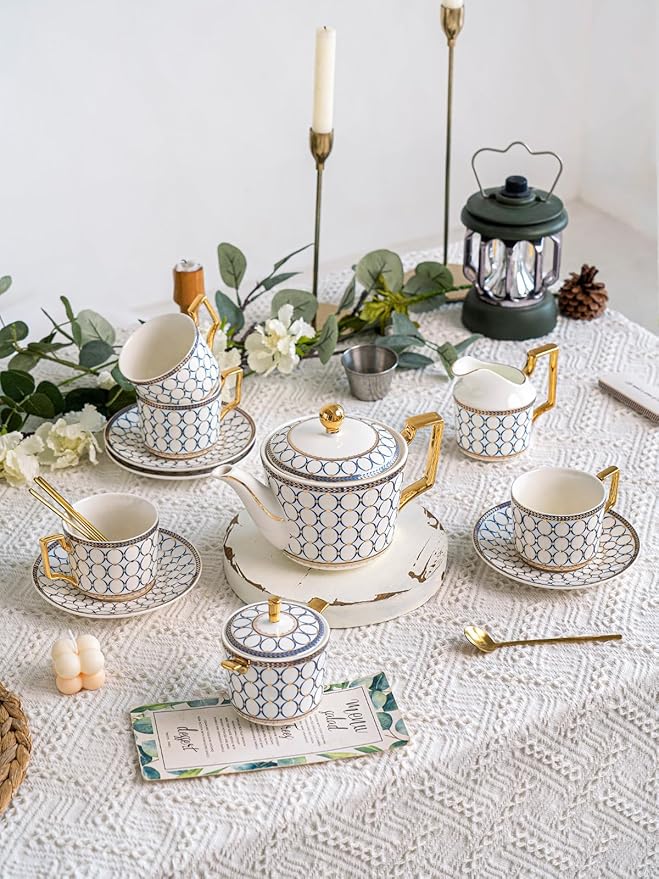 CwlwGO-7 Oz Bone China Blue Tea Cup and Saucer Service for 4,Afternoon Porcelain Tea Set with Teapot,Tea Sets For Women Tea Party.