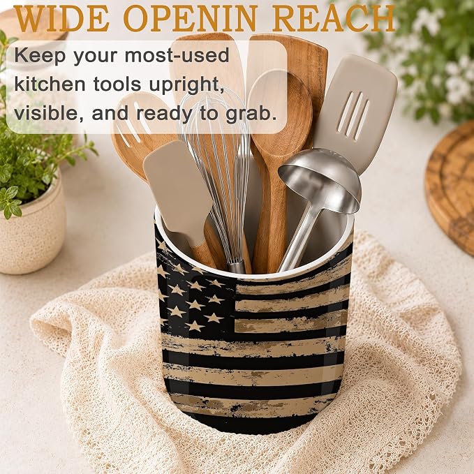 Kitchen Utensil Holder,Retro Flag Ceramic Utensil Crock for Countertop,Cooking Tools Storage jar for Spatulas and Spoons,Housewarming Gifts 6.3"