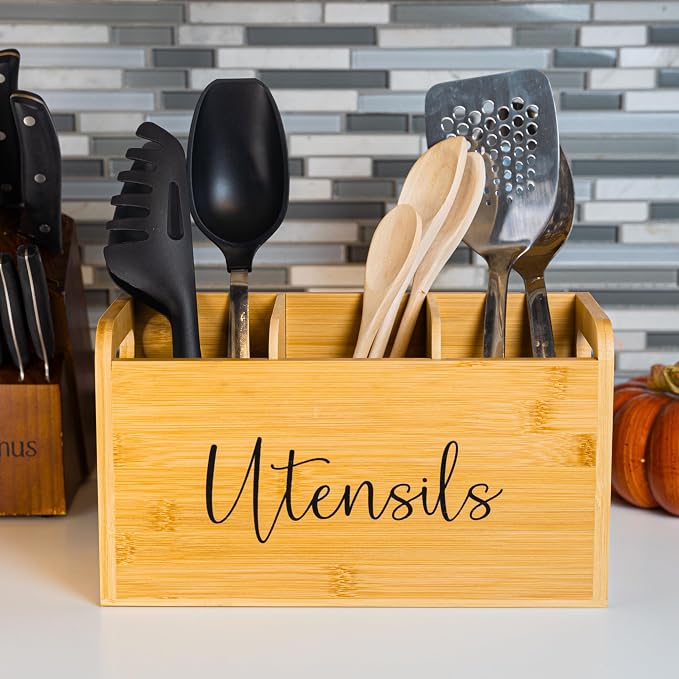 Bamboo Kitchen Utensil Holder for Countertop – Large 3-Compartment Cooking Utensil Organizer & Caddy with Drain Holes, Farmhouse Bamboo Holder for Kitchen Counter, Wood Storage for Spatulas & Spoons