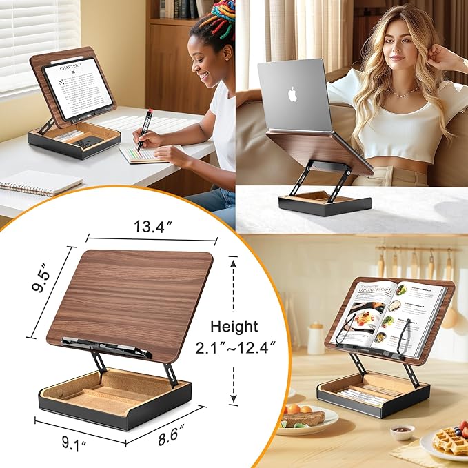 Book Stand with Storage, Book Holder for Reading Hands Free, Wooden Cookbook Stand for Kitchen Counter, Adjustable Reading Stand for Desk, Recipe Stand, Book Prop for Book Lovers