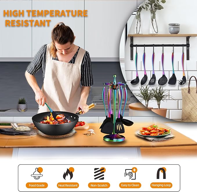 Kitchen Utensils Set, Large Non-stick Silicone Cooking Utensils Set 6 Pcs,Made of 446°F Heat Resistant Food Grade Silicone and Stainless Steel Handles,Easy to Clean Kitchen Gadgets Set (Silver)