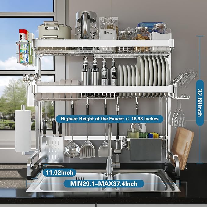 LIVOD Over The Sink Dish Drying Rack,3 Tier Adjustable Length Full Stainless Steel Large Storage Kitchen Dish Rack,for Kitchen Counter Expandable Multifunctional Organizers,Silver (25.5'' to 37.6'')