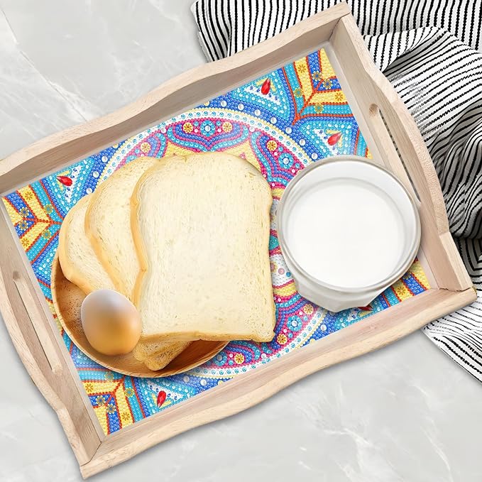 Generic 2Pcs DIY Diamond Serving Tray Rectangular Upgrade Increase Breakfast Tray with Handles Handmade Diamond Art Painting Wooden Tray Dinner Plate for Coffee Living Room Home Organizer-01