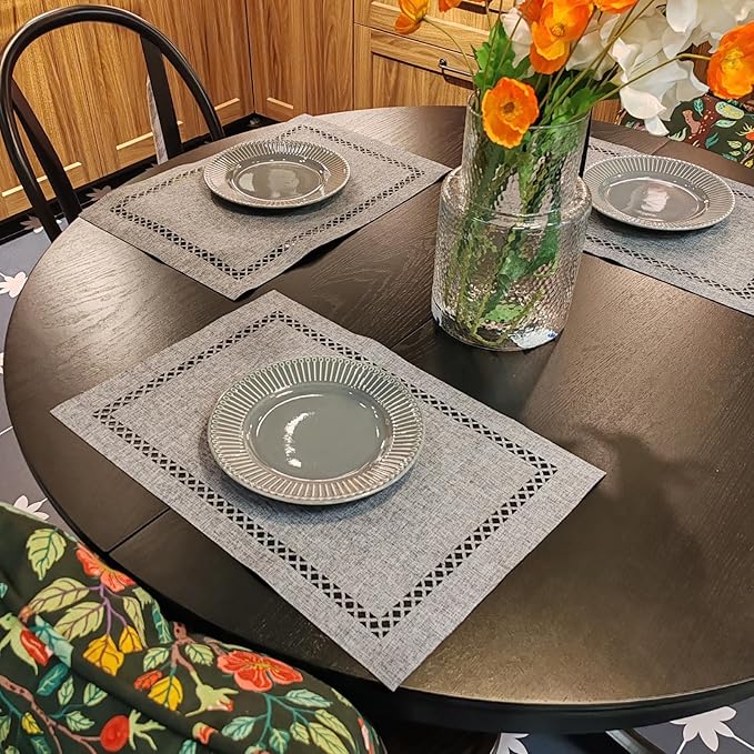 Placemats Set of 4 for Dining Table with Hollow Edge Design- Table Mats 12x 18 Inch, Cloth Place mats Machine Washable (Grey 4pcs)