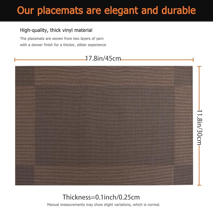 Placemats Set of 8 Washable&Wipeable Place mats for Dining Table Kitchen Indoor Outdoor Table Mats Heat Resistant Non Slip Woven Vinyl Table Placemats (Brown，8PCS)