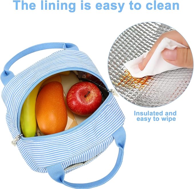 LEDAOU Lunch Box for Women Insulated Lunch Bag Corduroy Lunch Tote Bags Leakproof Cooler Lunch Case for Travel Work Picnic (K-Stripes-Blue)