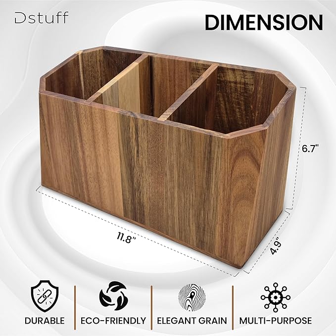 Large Kitchen Utensil Holder for Countertop – Acacia Wood Utensil Organizer with 3 Compartments, Beveled Edges Design, Non-Slip Silicone Pads & Drain Hole – Rustic Farmhouse Utensil Caddy Crock