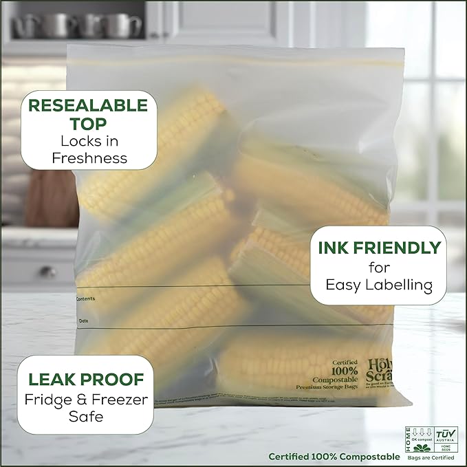 100% Compostable Food Storage Bags 1 GALLON Size - 25 Pack - Resealable Extra Strength Zip Seal Bags Made from Plants, Eco Friendly, Freezer Safe - BPI Certified, OK Compost Home