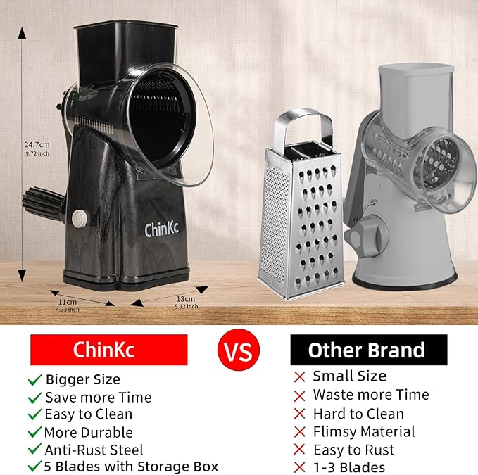 Upgrade Rotary Cheese Grater Shredder with Handle, Strong Suction Base, Multi-purpose Rotary Grater Slicer with 5 Interchangeable Blades for Ice, Vegetables, Fruit, Nuts with Blade Storage Box