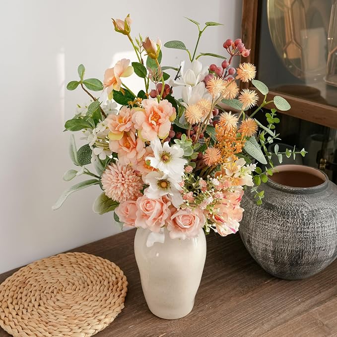 17-inch Artificial Fake Faux Flowers Silk Flower Arrangements Bouquets with Red Berries, Cosmos, Snow Cherry, Chinese Rose, Dandelions, Baby's Breaths, Eucalyptus, Peony, Roses