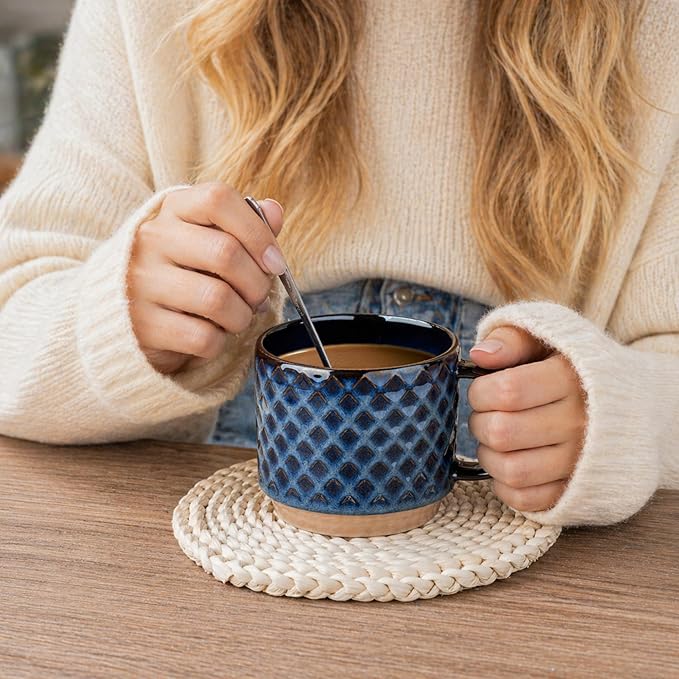 GBhome 12OZ Stackable Coffee Mugs with Stand, Ceramic Coffee Mugs with Texture Patterns for Man,Woman,Dad,Mom, Modern Coffee Cups Set of 4 for Latte/Cappuccino/Cocoa. Dishwasher&Microwave Safe