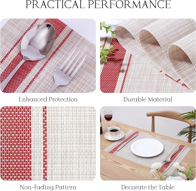 Placemats Set of 6-Heat Resistant Non-Slip Washable Table Mats for Dining Table,PVC Vinyl Woven, 12 x 18 inch Striped Design