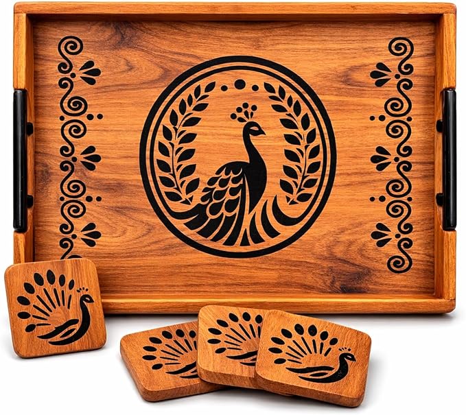 Teak Wood Serving Tray I Rectangular Wooden Tray for Tea, Coffee & Snacks I Wooden Tray Set for Serving I Set of 4 Coasters I 15x11x2 inch (Mayur Tray)
