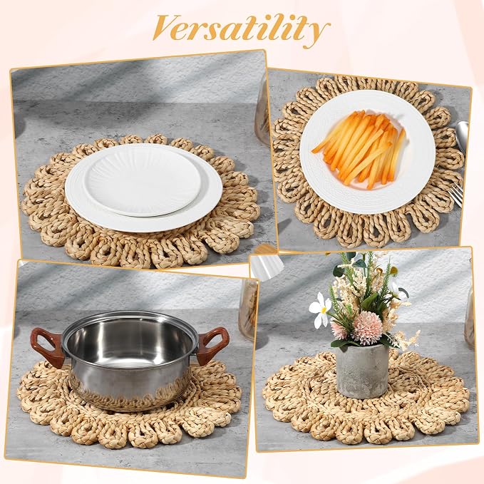 11.8" Corn Husk Woven Round Placemats Set of 6 - Wicker Boho Farmhouse Placemats - Rattan Table Mats for Dining Table, Wedding, Home