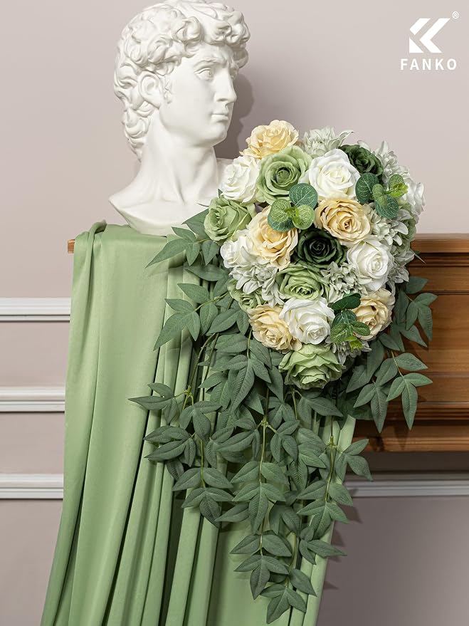 FANKO Artificial Flowers for DIY, Green White Cream Faux Flowers Bouquet, Fake Rose Silk Flowers for Vase, Home Decor, Garlands, Greenery-Themed Wedding, Party, Housewarming