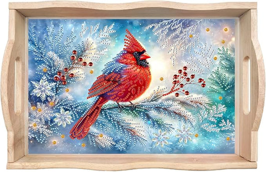 BAYUNOE DIY Diamond Serving Tray Christmas Rectangular Breakfast Tray with Handle Handmade Diamond Art Painting Wooden Tray for Dinner Plate Coffee Room Living Home Organizer-Cardinal