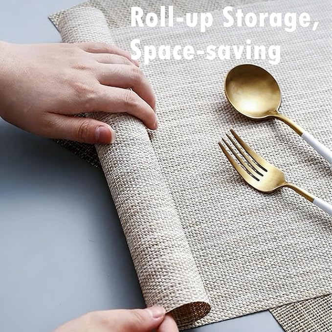 Placemats, Placemats for Dining Table Set of 4, Kitchen Table Mats Heat-Resistant Non-Slip Washable PVC Woven Vinyl Place Mats for Dining Room Table Decoration (Pack of 4, Flaxen Gray)
