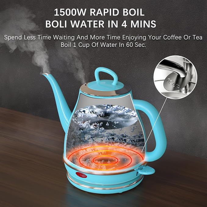 Anfilank Electric Gooseneck Kettle, 1L 1500W Fast Boil, 100% Stainless Steel BPA Free Pour-Over Coffee & Tea Kettle, Water Boiler with Auto Shut & Boil-Dry Protection, Turquoise
