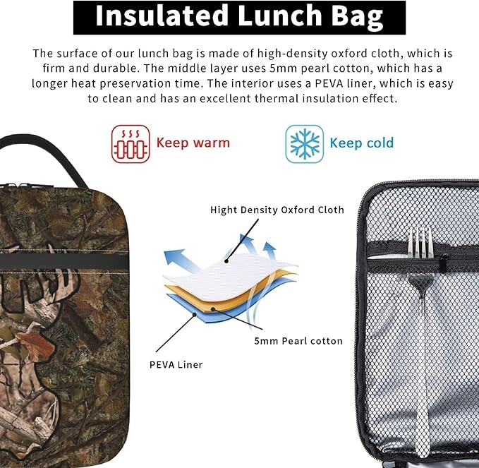 Gianlaima Camo Forest Camouflage Deer Insulated Lunch Box For Women And Man, Portable Lunch Bags Reusable Cooler Tote For Office Work Travel Picnic Camping Beach