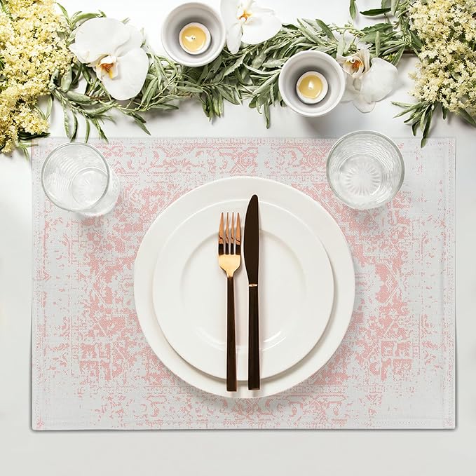 Gray Pink Boho Placemats Set of 6 Ethnic Bohemian Carpet Place Mats Washable Kitchen Dining Vintage Grey Geography Floral Linen Table Mats Stain Heat-Resistant for Home Party Indoor 12x18 in