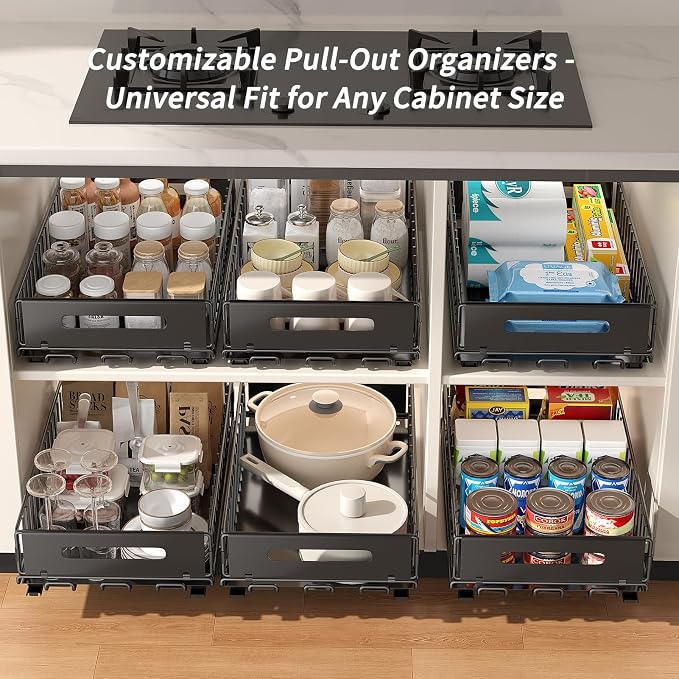 PureBox Pull Out Cabinet Organizer, Slide Out drawers for cabinets, Heavy Duty Carbon Steel Roll Out Shelves for kitchen, bathroom, pantry (14.7’’-23.1’’ Slide, Adhesive & Screw), 1 Pack, Black