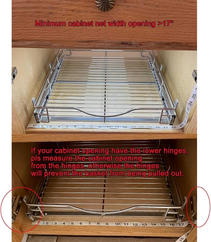 DINDON 1 Tier Pull Out Cabinet Organizer (17" W x 21" D) Heavy-Duty Metal Sliding Drawer Shelf, Slide Out Wire Basket for Kitchen Cabinets, Pantry, Bathroom, Chrome Finish…