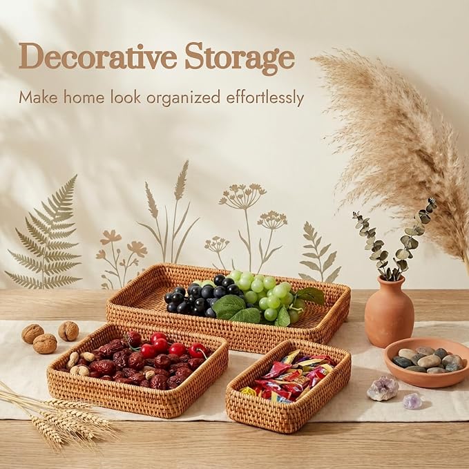 Rattan Serving Tray Set of 3, Rectangular Woven Tray, Natural Wicker Decorative Serving Tray, CoffeeTabletop Vanity Organizer, Bathroom Kitchen Counter, (S 4.3 x 8.3), (M 8.3 x 8.3), (L14.6 × 9.1)