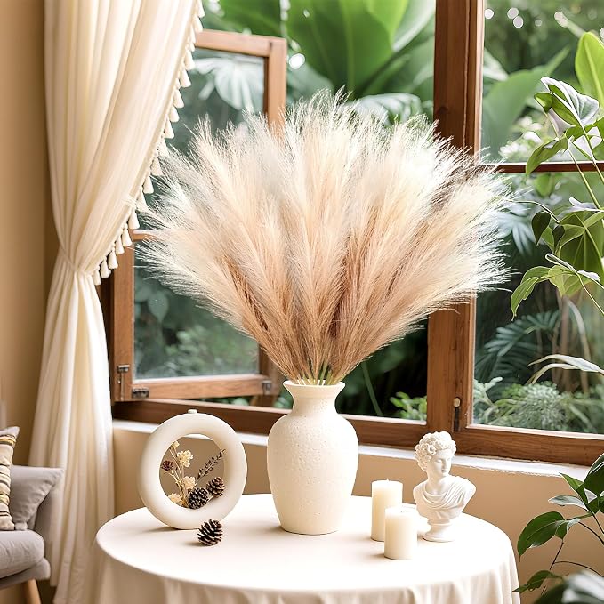 TORONTOKYO 8Pcs Faux Pampas Grass Tall Decor, 35.4” Fluffy Large Artificial Pompous Grass Branches, Bulrush Reed Grass Stems for Floor Vase Filler, Wedding, Baby Shower, Home Boho Decor (Beige Mixed)