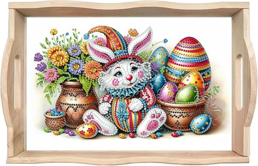 BAYUNOE DIY Diamond Serving Tray Rectangular Breakfast Tray with Handle Handmade Diamond Art Painting Wooden Tray Spring Creative Dinner Plate Coffee Room Living Home Organizer-Easter Bunny Eggs