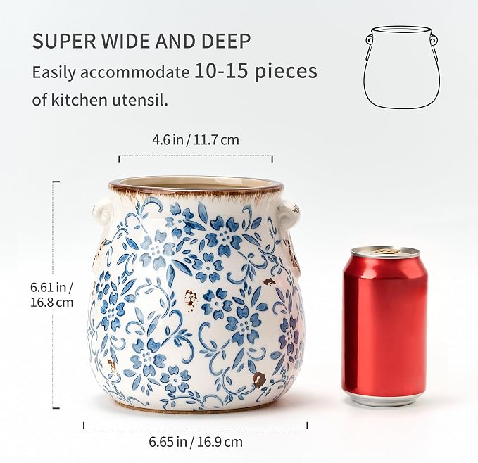 Utensil Holder for Kitchen Counter, Modern Farmhouse Rustic Cooking Utensil Holder and Crock, Exquisite Chinoiserie Floral Ceramic Utensil Organizer for Home Kitchen Decor- Blue and White Porcelain