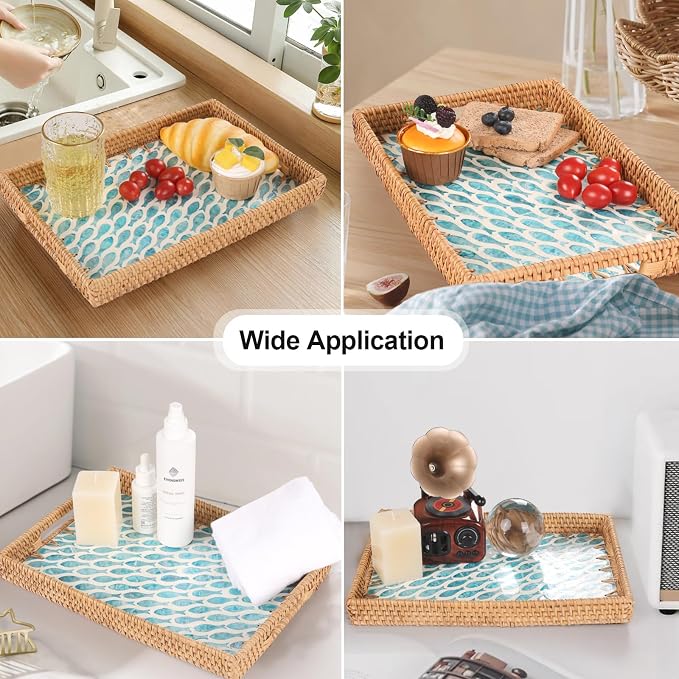 Rectangle Rattan Tray with Mother of Pearl Inlay, Rattan Serving Tray with Handle for Coffee, Bread, Fruits, Snacks, Decorative Wicker Tray for Table Decor (Rectangle Turquoise Fish, 13"×9")