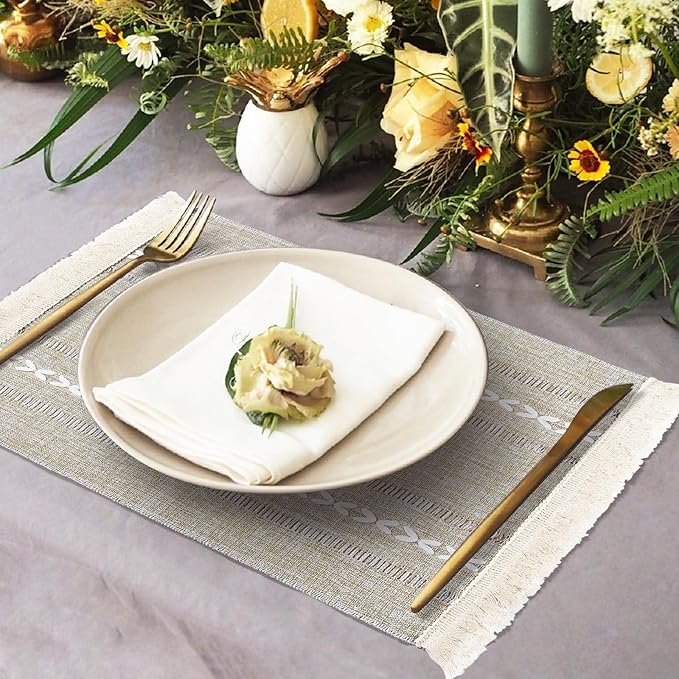 Placemats Set of 6, Boho Hemstitch Place Mats with Fringe, Washable Cotton Linen Table Mats for Dining Table, Rustic Farmhouse Kitchen Decor Home Decor
