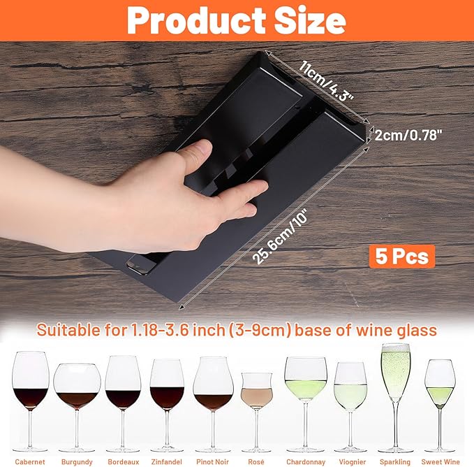 5 Pack Wine Glass Holder Under Shelf, Wine Glass Rack Under Cabinet Stemware Rack Punch Free Plastic Glassware Drying Hanger for Bar Restaurant Kitchen(Black)