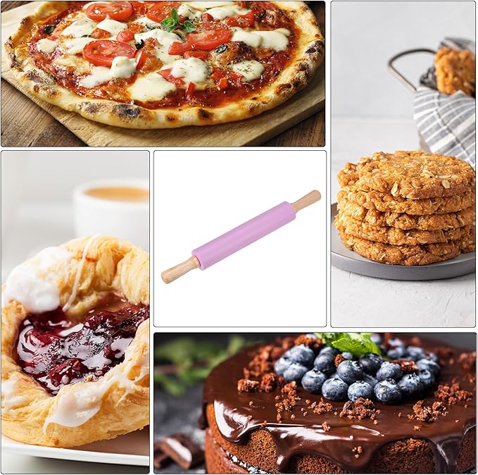 HARFINGTON Silicone Rolling Pins for Baking 16.93 Inch Non-Stick Silicone Surface Wooden Handle Rolling Pin Small Roller Playdough Rolling Pins for Fondant Kitchen Dough Pizza, Purple