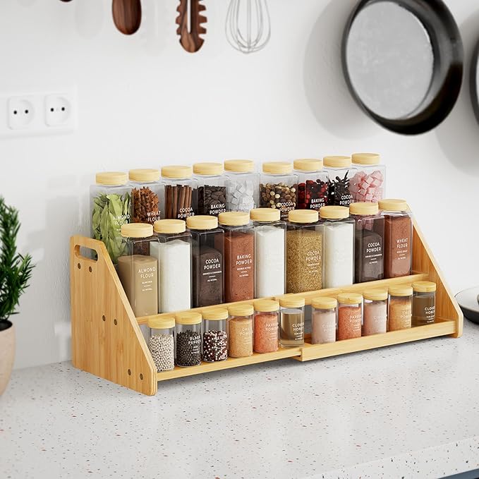 NiHome Cabinet & Countertop Expandable 3-Tier Bamboo Spice Rack for Spices, Jars, Office Supplies, Adjustable Length 12.6"-23.6" Multi-Purpose Natural Bamboo Organizer for Kitchen, Pantry, Bathroom