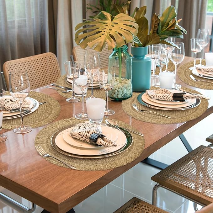 fanquare Boho Round Paper Placemats 15'' Set of 6, Rustic Woven Fade-Safe Tablemats,Braided Placemats for Home, Cafe or Events, Brown