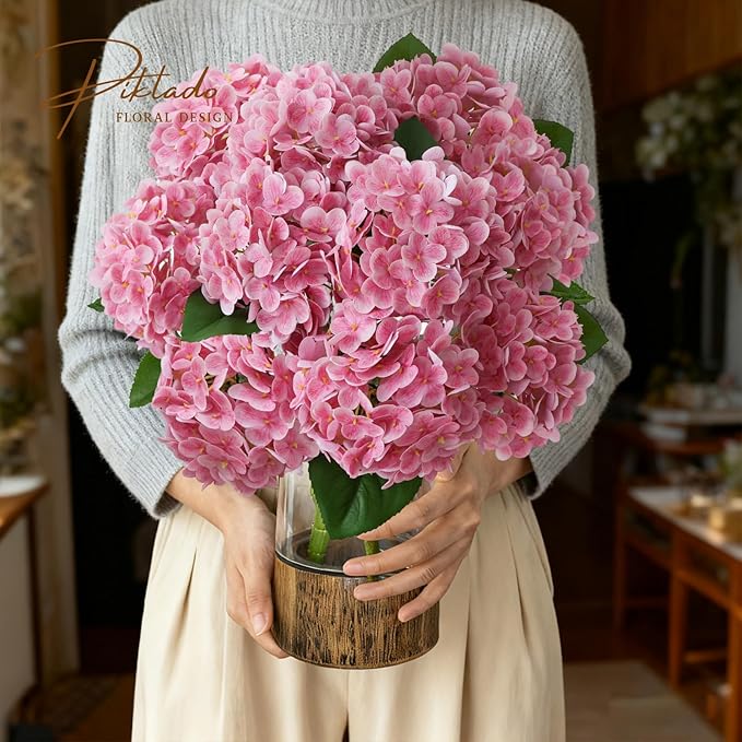 A Bunch 21in, Real Touch Pink Hydrangea Artificial Flowers,with 5pcs Flower Head 10pcs Leaves, Faux Hydrangea Flowers for Home Office Decor Wedding Party Arrangements (1, Pink)