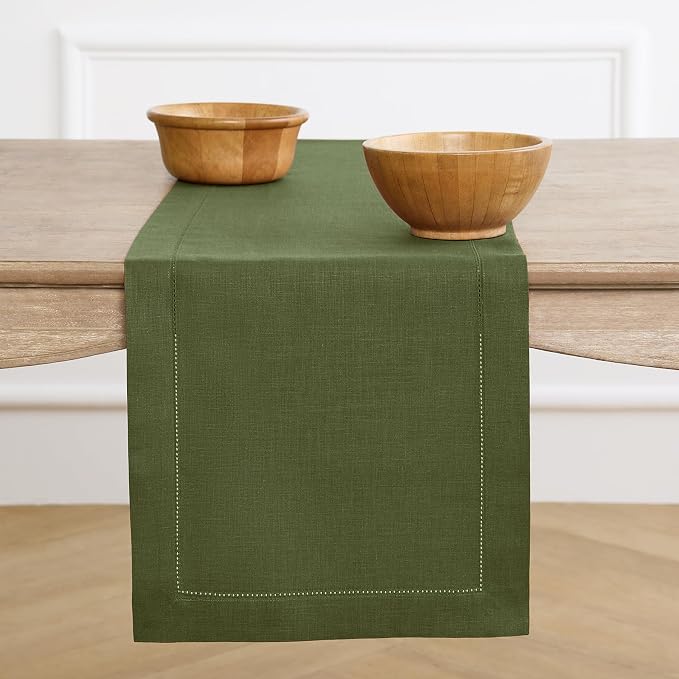 Solino Home Linen Olive Table Runner 120 Inches Long - 100% Pure Linen Hemstitch 14 x 120 Inch Table Runner for Dining - Classic Hemstitch