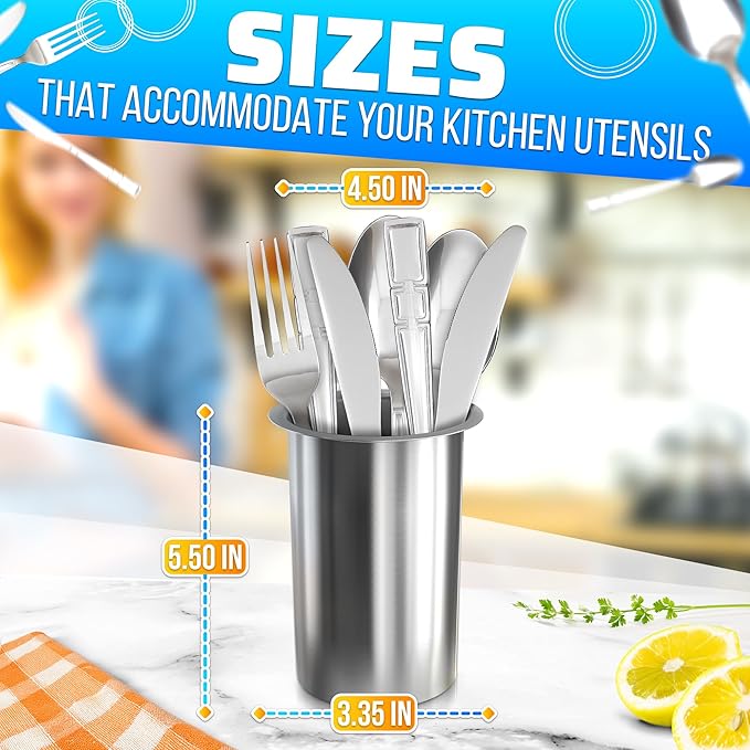3 Pcs Countertop Utensil Holder Stainless Steel - 5.5 x 4.5" Stainless Steel Utensil Holder for Kitchen and Bars, Durable and Dishwasher Safe, Odor and Rust Resistant, Good for Home and Commercial Use