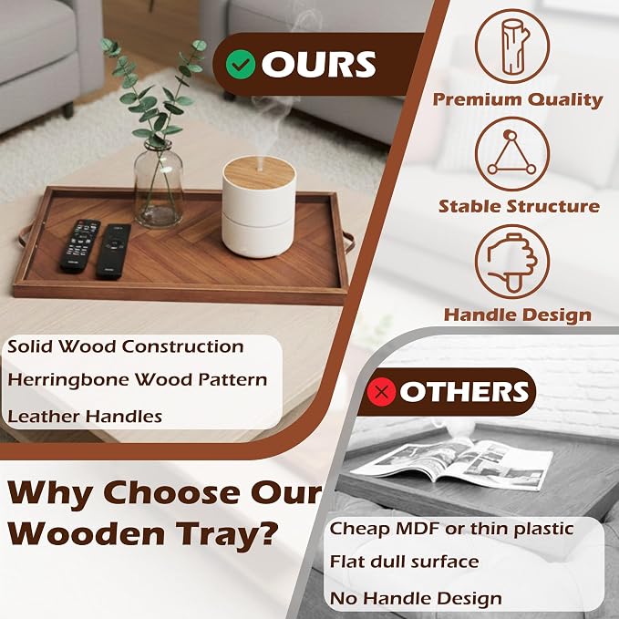 Extra Large Ottoman Tray Rectangle, 32.5"x18.5" Wooden Ottoman Trays with Leather Handles, Rustic Decorative Storage Tray for Ottoman