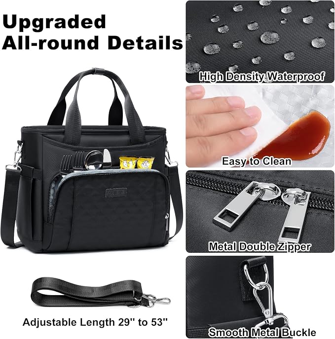 AIJIEKE Large Insulated Lunch Bag for Women Men, Work Lunch Box Tote, Black | Leakproof, durable multi-compartment cooler. Reusable with shoulder strap. Perfect for travel meal prep, picnic, beach