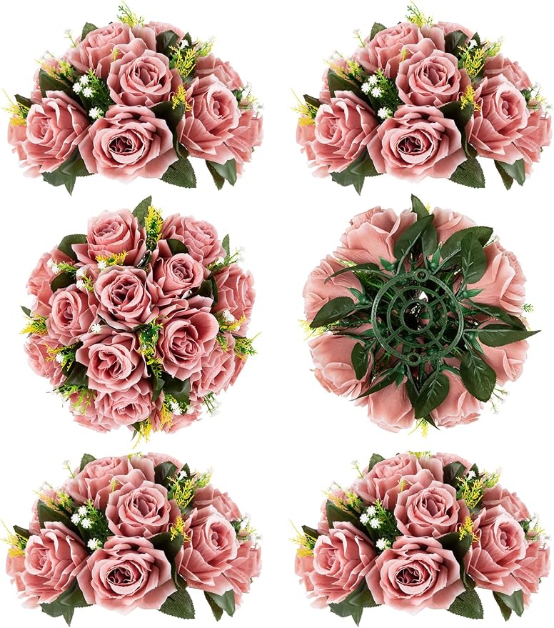 BLOSMON Dusty Pink Flowers Decoration: 6 Pcs Artificial Roses Flowers Balls for Wedding Dinning Table Centerpieces - Fake Silk Kissing Floral Arrangement for Home Party Event | Fake Wedding Dinning Table Centerpieces - Faux Silk Kissing Bouquet Floral ...