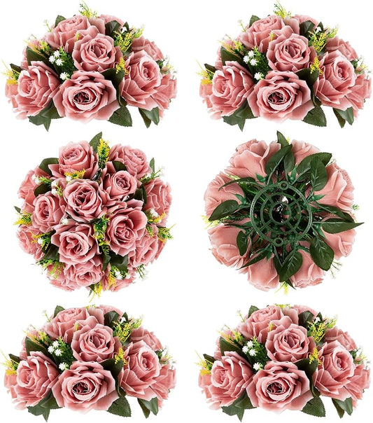 BLOSMON Dusty Pink Flowers Decoration: 6 Pcs Artificial Roses Flowers Balls for Wedding Dinning Table Centerpieces - Fake Silk Kissing Floral Arrangement for Home Party Event | Fake Wedding Dinning Table Centerpieces - Faux Silk Kissing Bouquet Floral ...